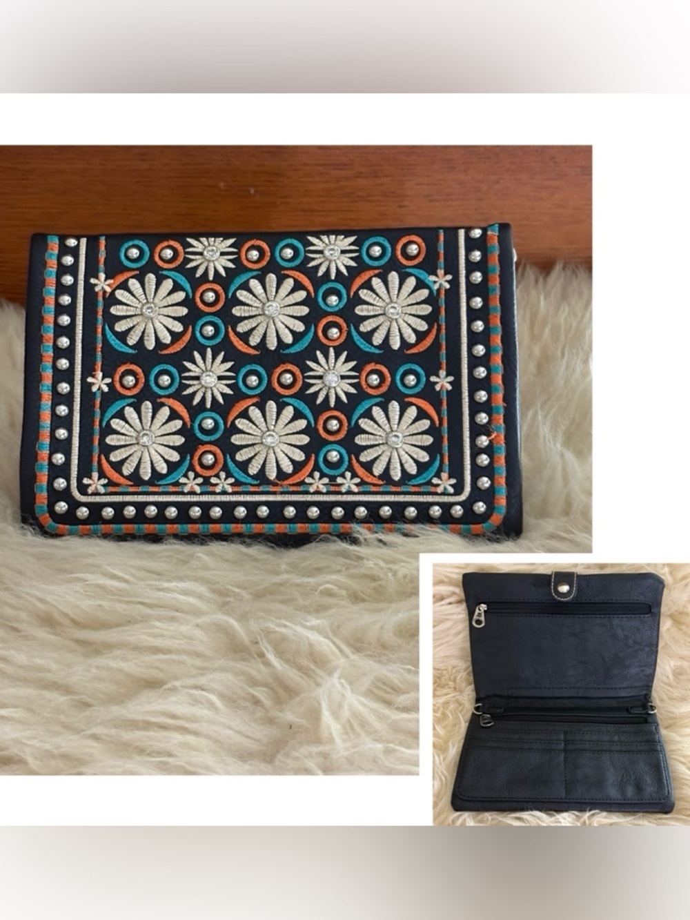 Embroidered Black Leather Foldover Wallet Clutch with Multicolor Accents